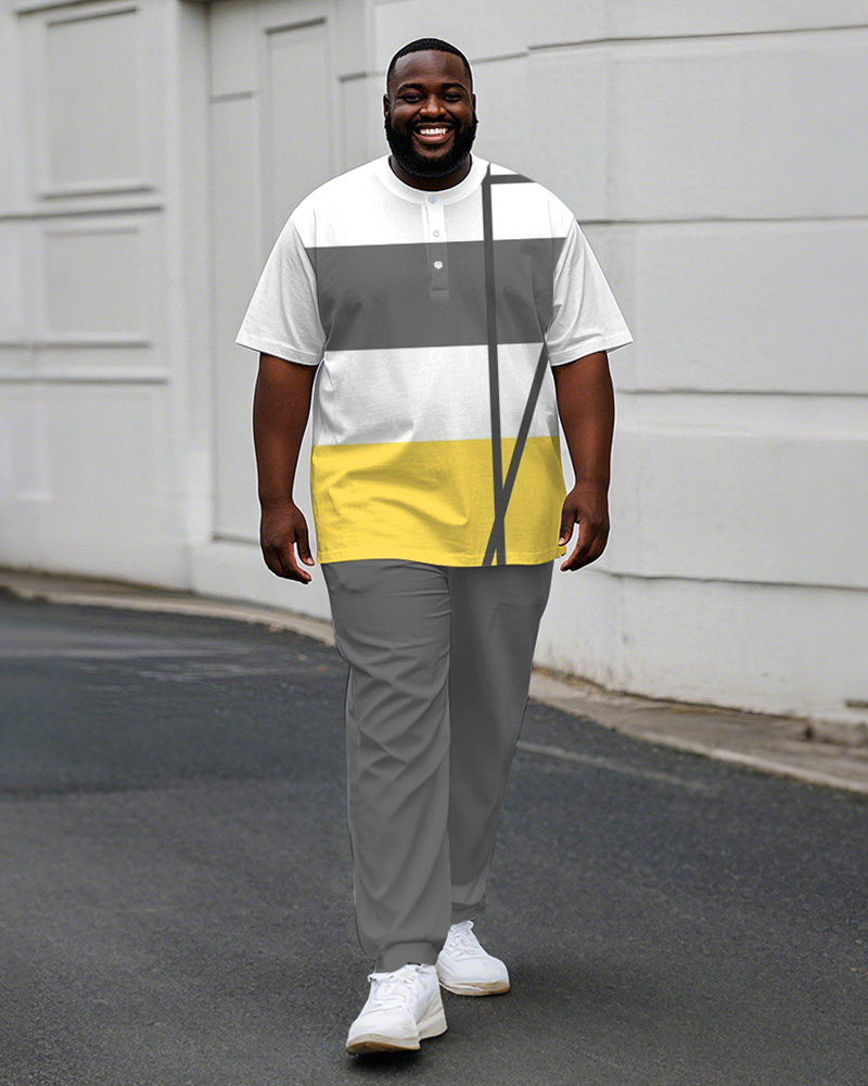 Men's Plus Size Yellow Grey Colorblock Stripe Geometric Print Henry Collar T-Shirt Trousers Suit