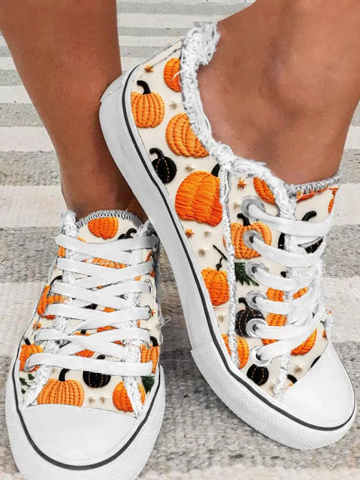 Women's Autumn Pumpkin Embroidery Print Canvas Shoes 