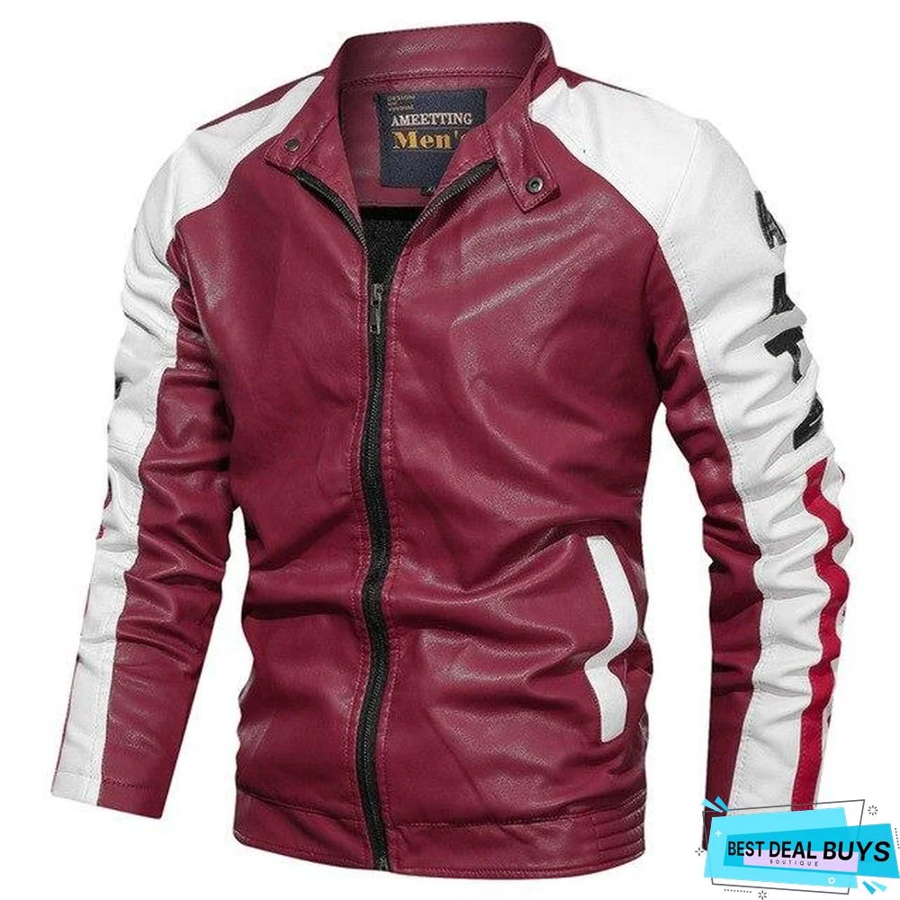 Men's Leather Jacket Casual Fashion Stand Collar Motorcycle Jacket Men Patchwork Quality Leather Jacket