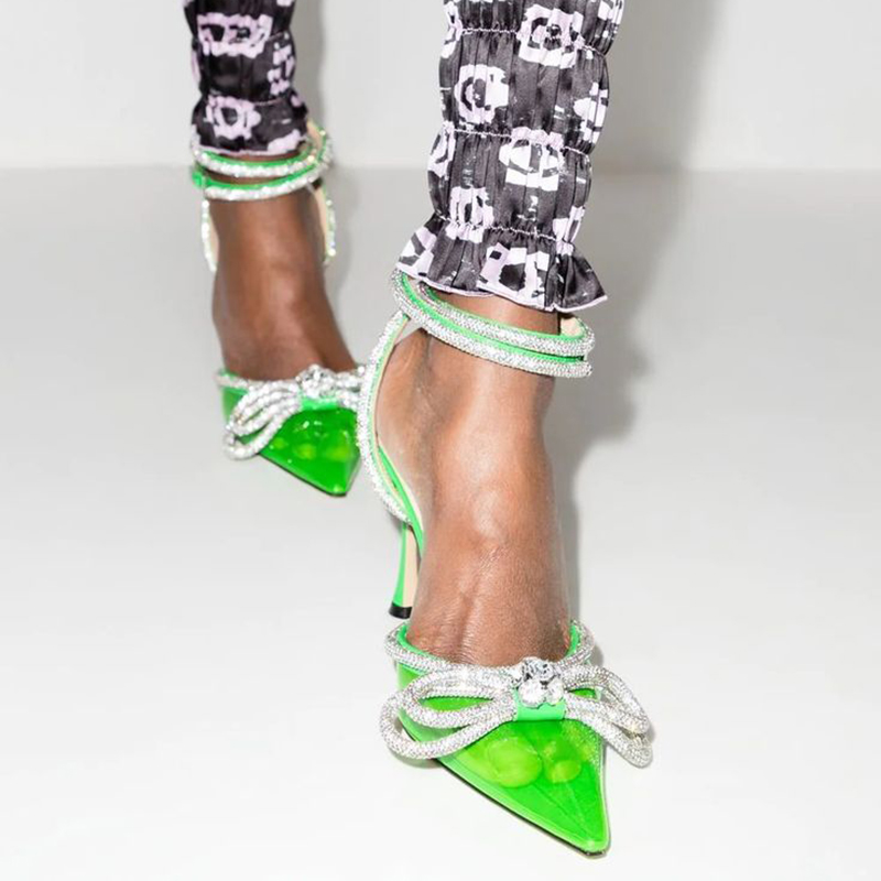 GOOSHOE Green Clear Stiletto Heel Ankle Strap Rhinestone Pumps
