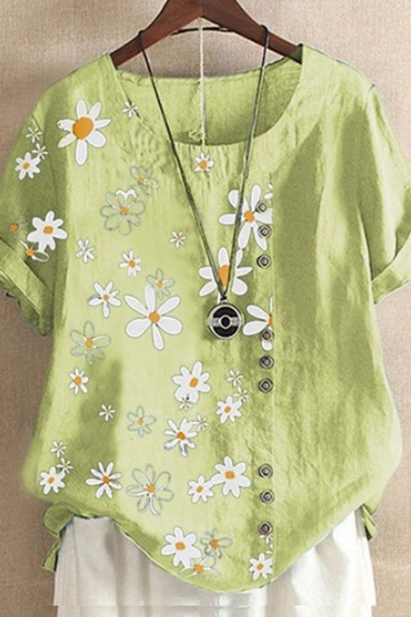 Plus Size Linen Daisy Print Short Sleeve Blouses (Without Necklace)