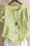 Plus Size Linen Daisy Print Short Sleeve Blouses (Without Necklace)