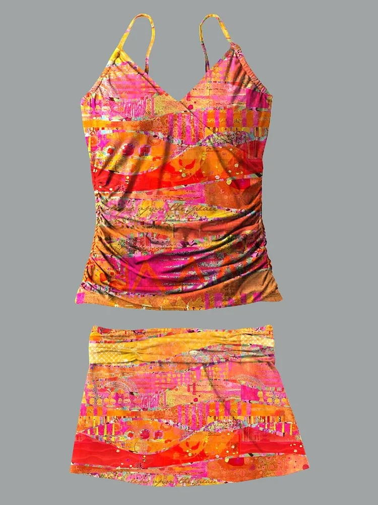 V-Neck Vintage Orange Flowers Print Suspender Skirt Tankini Pantskirt Set Swimsuit