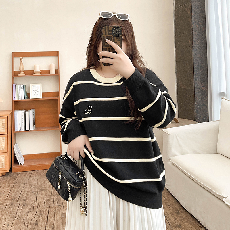 Chic Plus Striped Knit Sweater with Puppy Embroidery Long Sleeve Top