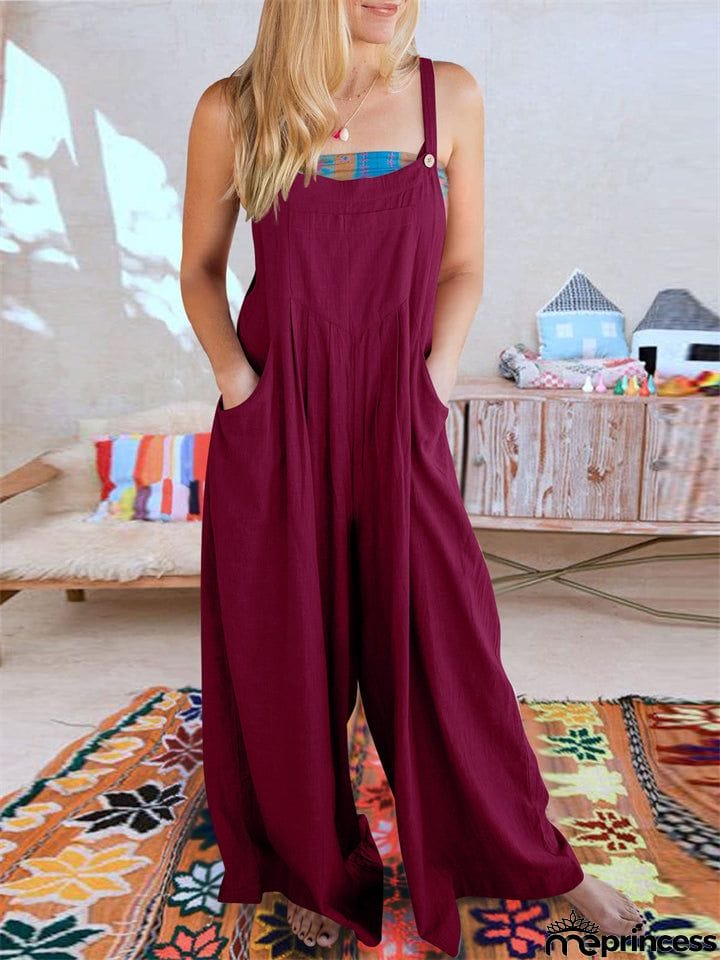 Summer Female Plus Size Solid Color Suspender Jumpsuits with Pockets