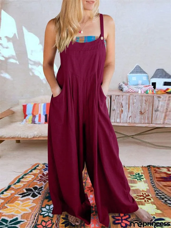 Summer Female Plus Size Solid Color Suspender Jumpsuits with Pockets