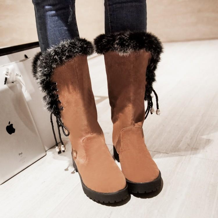 Fuzzy cuff tassels mid calf snow boots plush lined low heel winter boots