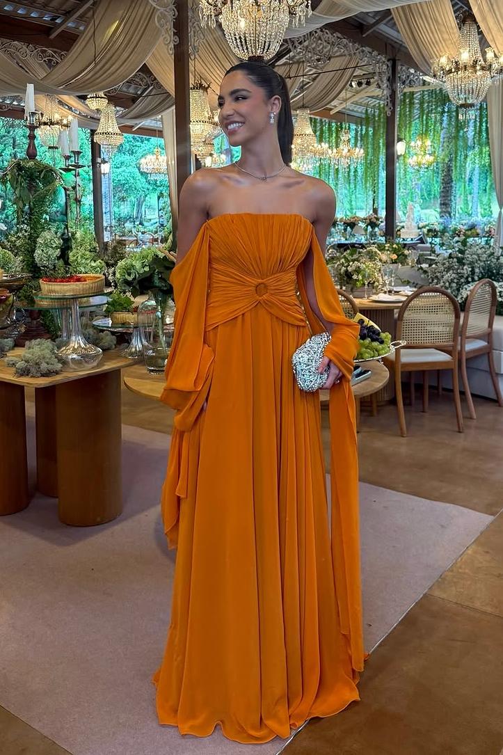 Oknass Orange Strapless Sleeveless Long Prom Dress With Pleated Ruffle