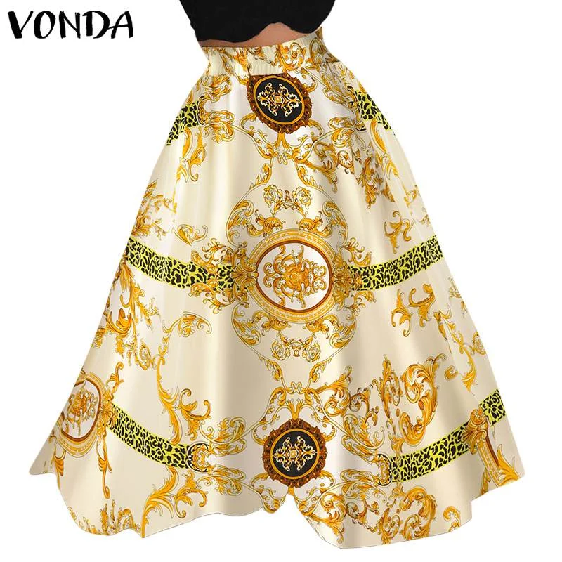 2022 VONDA Autumn Summer Party Long Maxi Skirt Women Casual Elastic Waist Skirt With Pockets Femininas Vintage Printed Skirts