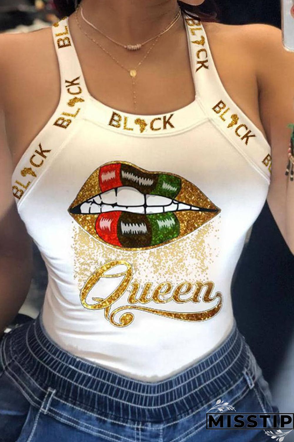 Cream White Casual Street Print Patchwork U Neck Tops