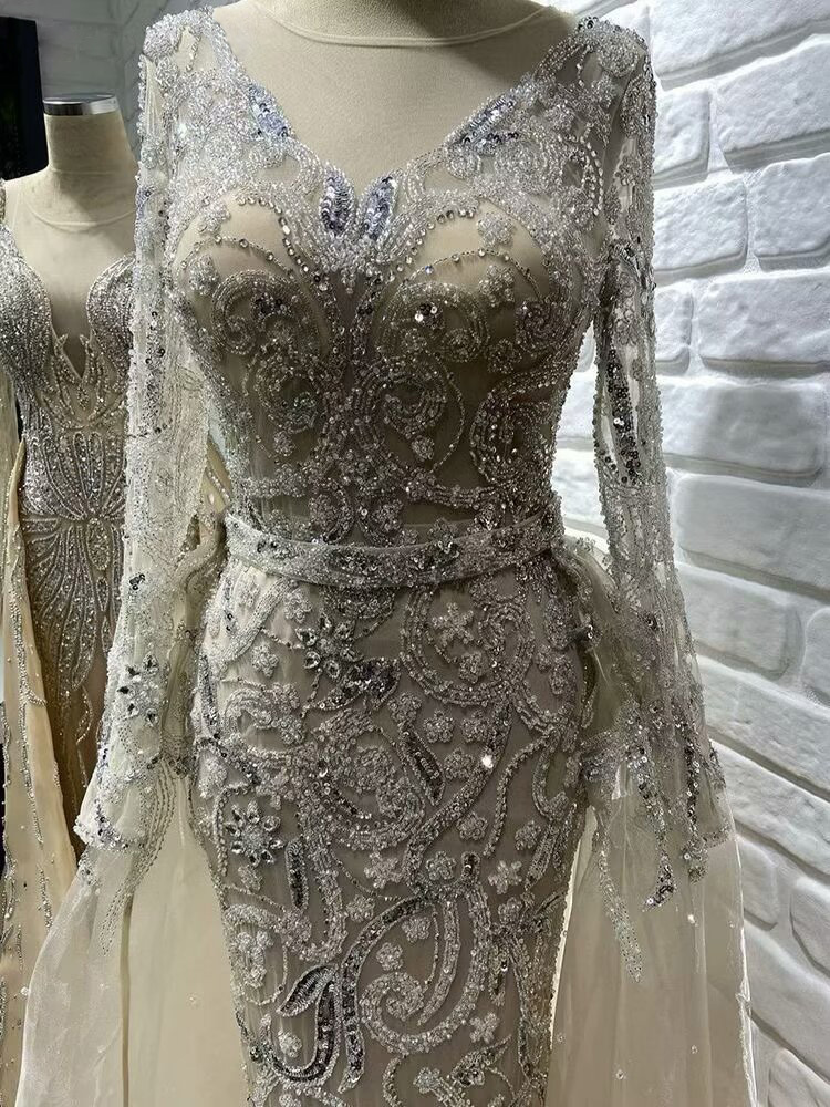 Lisliy Long Sleeves V-Neck Beadeds Embrpidery A-Line Prom Dress