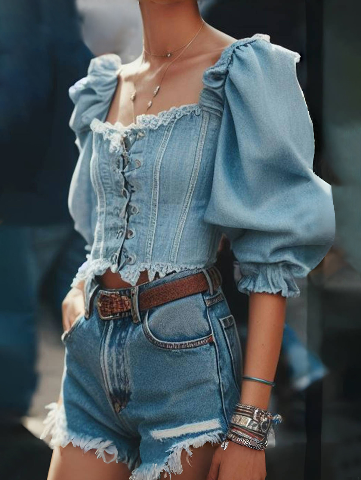 Vintage Square Neck Puff Sleeve Lace Trim Denim Blouse