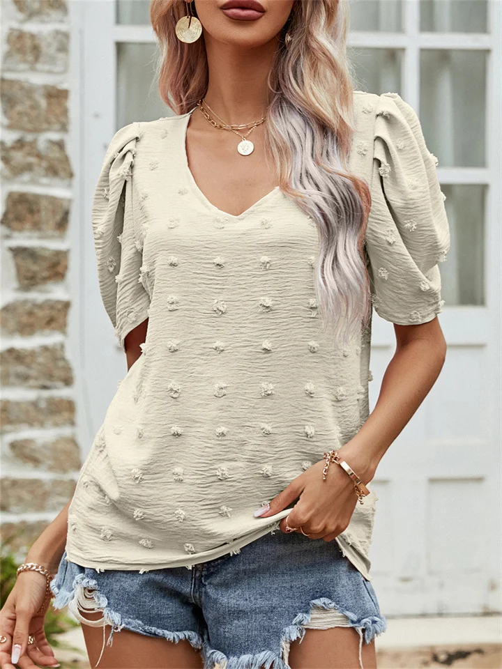 Summer New Ladies V-neck Short-sleeved Jacquard Trend Street T-shirt Bubble Sleeve Comfortable Casual Personality Tops | 168DEAL