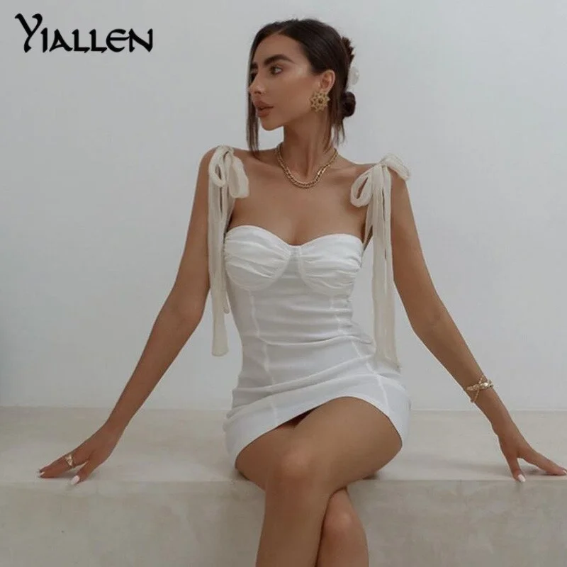 Yiallen Summer Solid Lace up Spaghetti Strap Party Dress Sleeveless Slim Elastic Bodycon New Mini Backless Sexy Elegant Dress