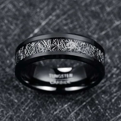 6MM 8MM Women's Or Men's Tungsten Carbide Wedding Matching Rings Black with Inspired Meteorite Dark Branches Design