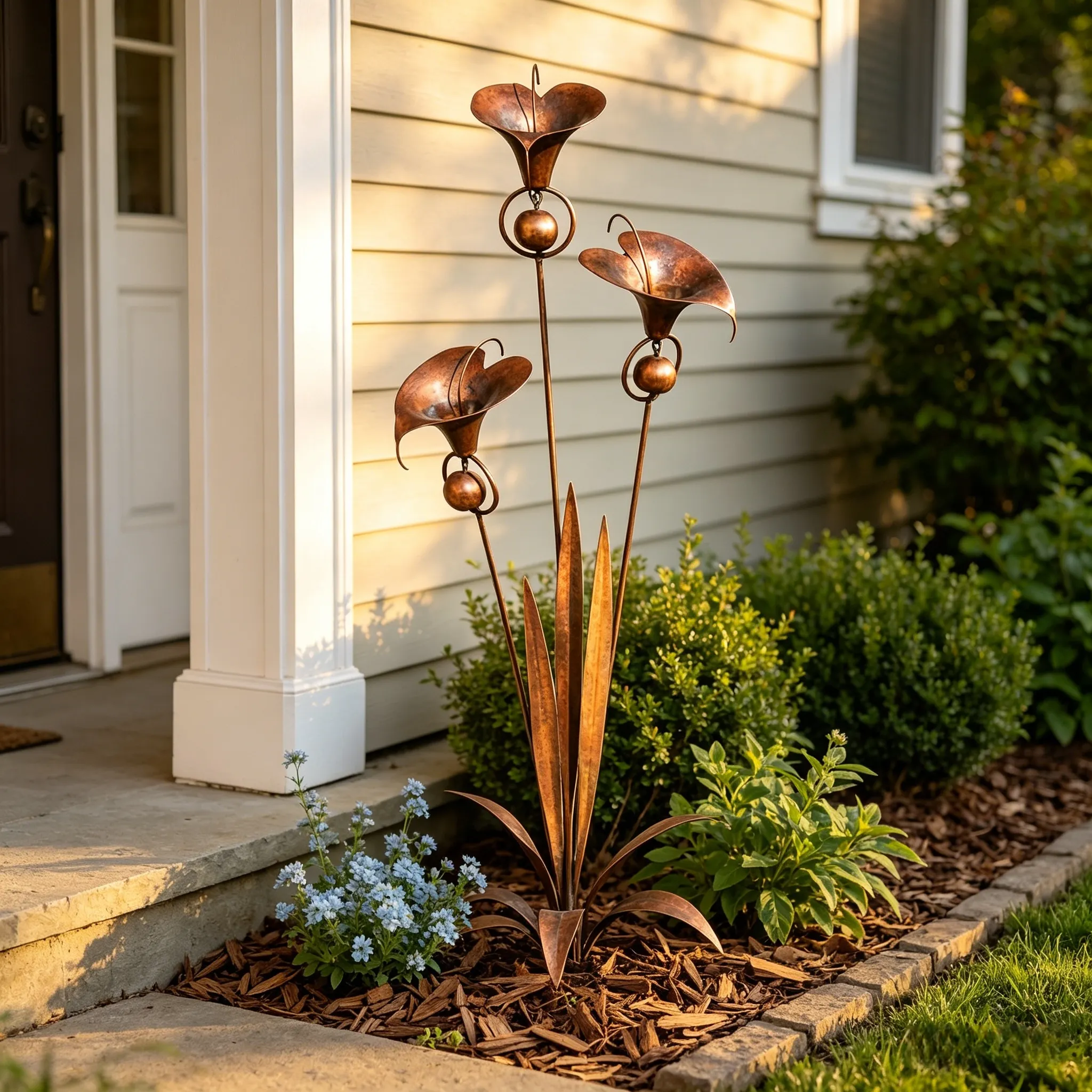 Flamed Copper Three Calla Lilies Garden Stake with Bells, 28" Handcrafted Outdoor Yard Art