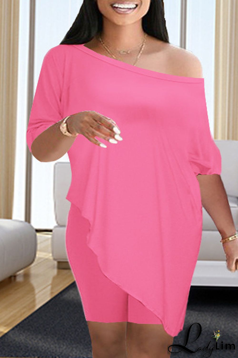 Black Fashion Casual Solid Asymmetrical Oblique Collar Half Sleeve Two Pieces