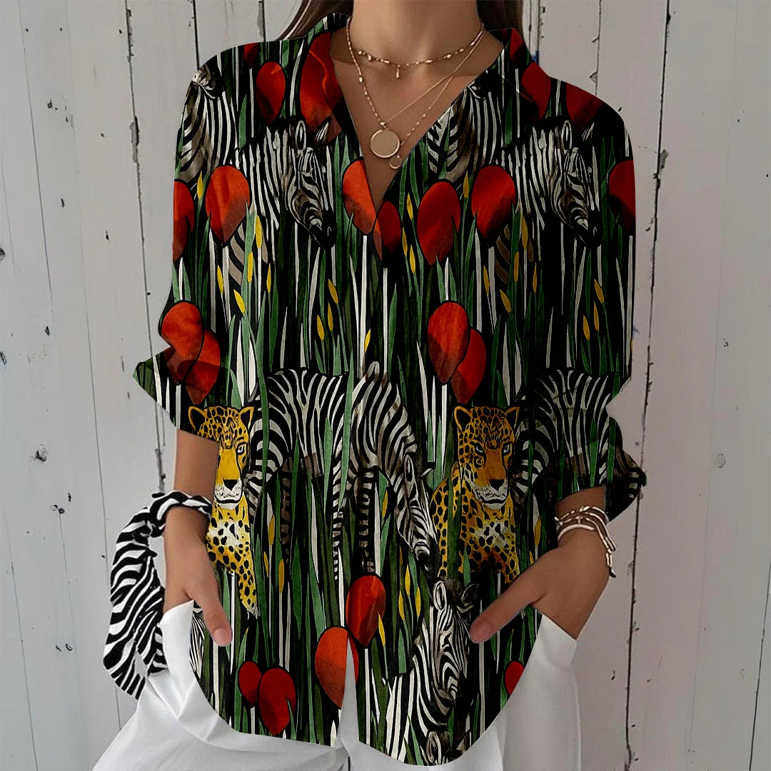 Style & Comfort for Mature Women Women Stripes, Black, Red DZCL0485 3/4 Sleeve Shirt Collar Printed Button Tops