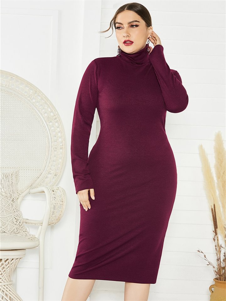 Autumn and Winter Women's Fashion Solid Color Bottoming Skirt Long-sleeved Stretch Slim Turtleneck Sweater Knitted Dress -vasmok