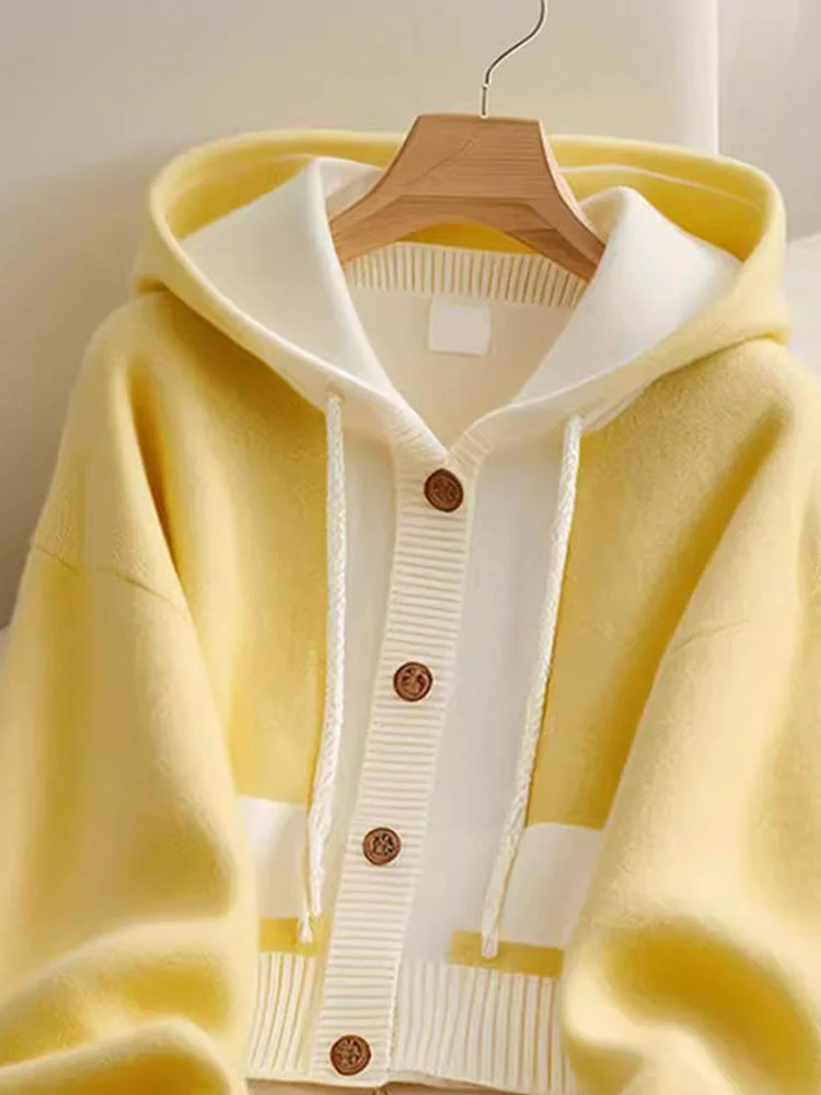 Athvotar Athvotar Style Yellow Splicing Hood Design Sweater Coat Knitted Cardigan Showing Lean Long Sleeves Loose Casual Top