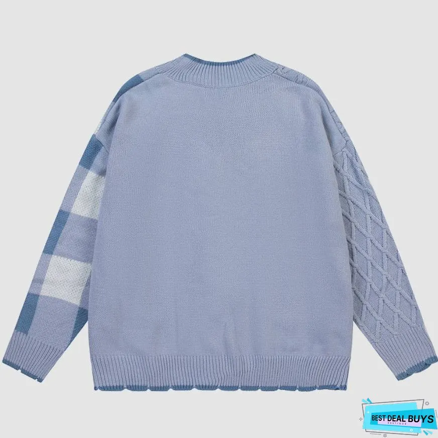Check Pattern Patchwork Pockets Cardigan Sweater