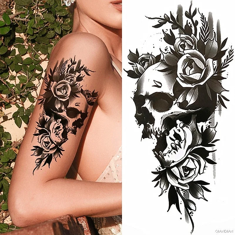 Black Sexy Flower Temporary Tattoos Sticker Arm Sleeve Rose Tree Skull Lion Bear Snake Henna Body Decorate Fake 3D Women Totem