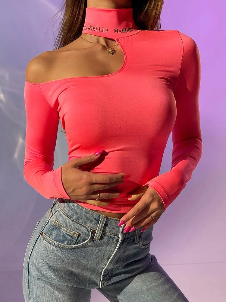 WannaThis Letter Embroidery Top Ladies Turtleneck Sexy Hollow Out Off Shoulder Long Sleeve Ladies Slim Fall Basic Casual T-Shirt