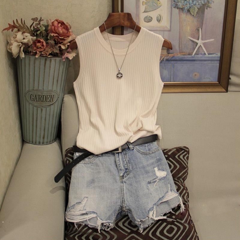 Tank Tops Women Sleeveless White Top Knitted Vest Women O-neck Solid Tank Female Top Women Sexy Casual Thin Woman Shirt Gilet