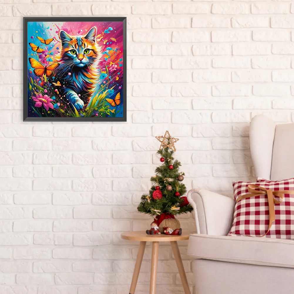 Diamond Painting - Full Round Drill - Cat Butterfly(Canvas|30*30cm)