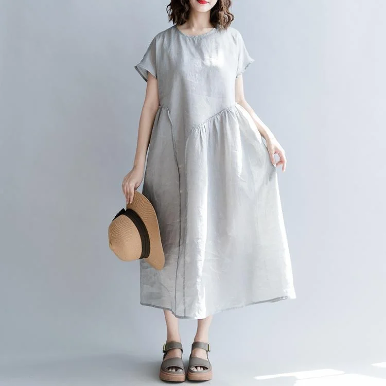 fine gray natural linen dress oversize o neck patchwork linen maxi dress 2018 short sleeve baggy dresses