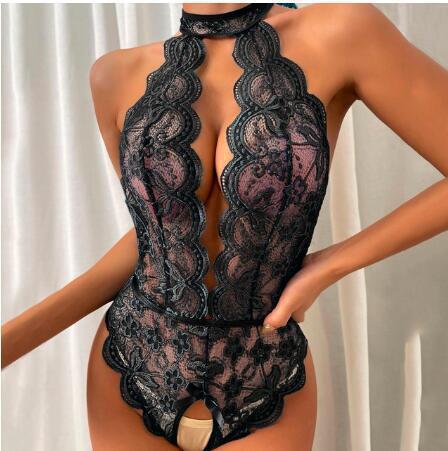 Lovingerie - Seductive Crotchless One-Piece Sleepwear  Scallop Lace Plunge V-Neck Halterneck Design 