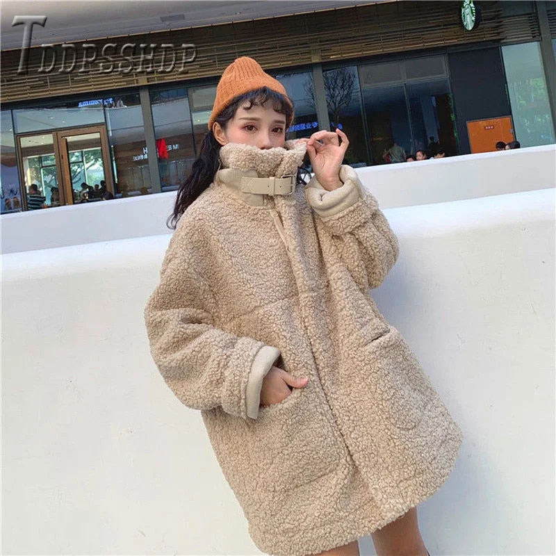 2019 Faux Fur Lambswool Oversized Jacket Fashion Solid Coat Winter Hairly Ladies Outerwear