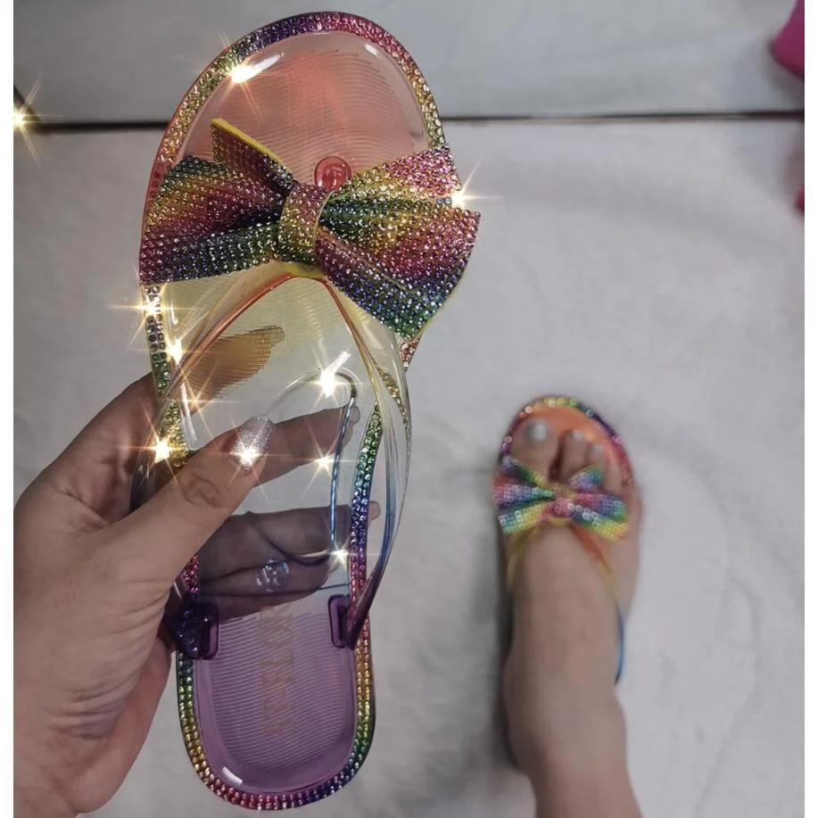 Qengg Summer Fashion Beach Shoes Transparent Clear Woman Flip Flops Colorful Crystal PVC Slippers Women Bow-knot Jelly Shoes