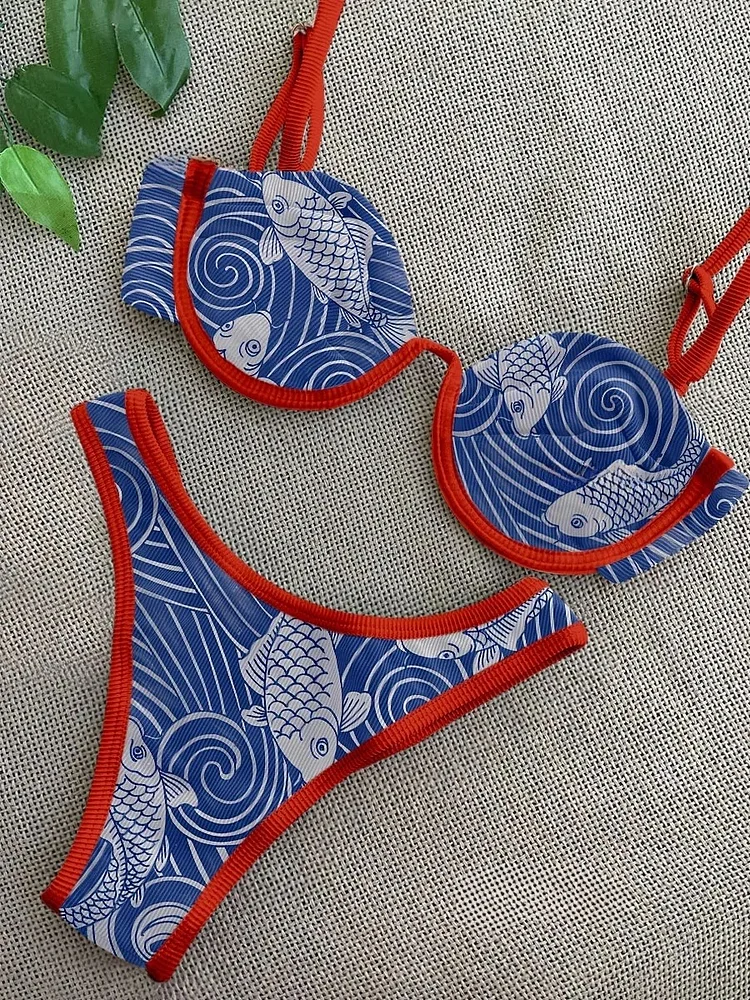 Auspicious carp print split swimsuit