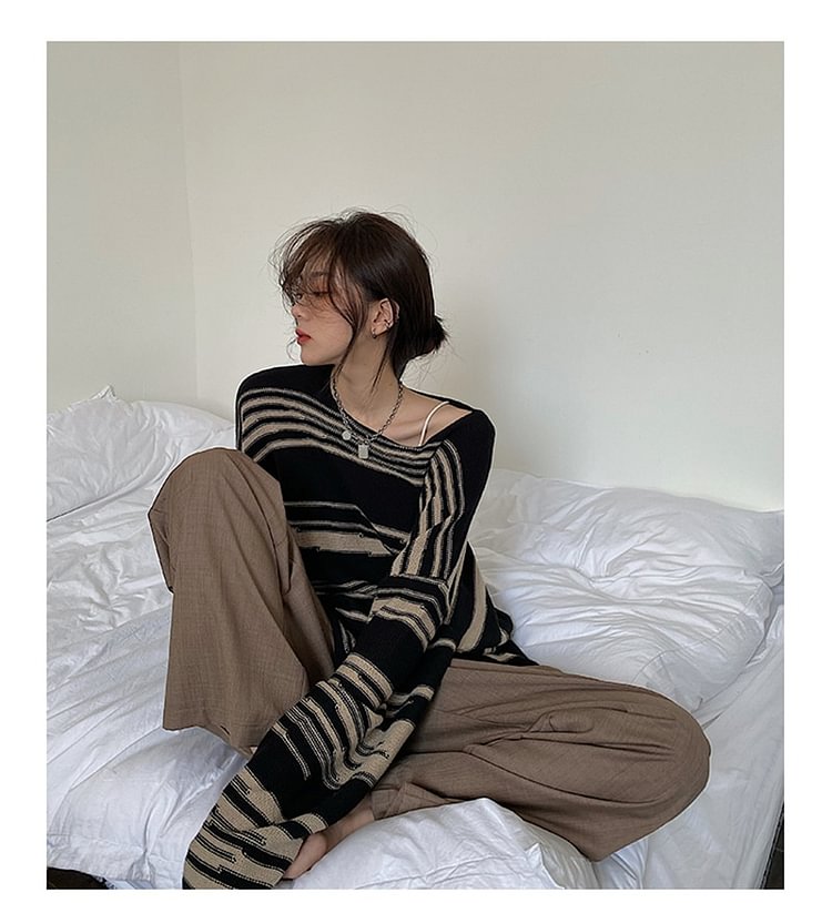Temperament Loose Round Neck Irregular Striped Long Sleeve Knitted Sweater
