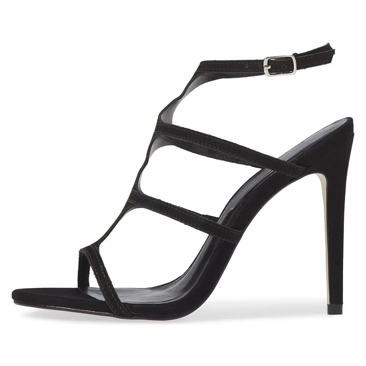 FSJ Black T Strap Sandals Suede Open Toe Stiletto Heels |FSJ Shoes