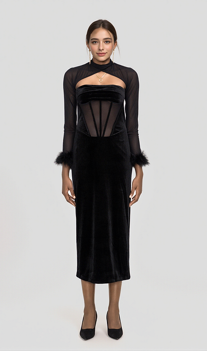 VELVET CORSET MAXI DRESS IN BLACK