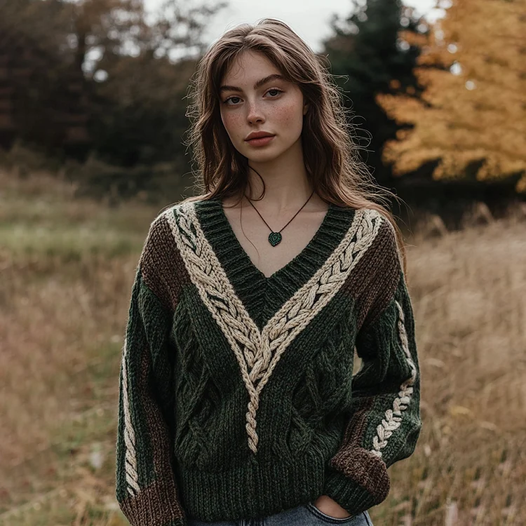Vintage Irish Celtic Chunky Knit Cozy Warm V Neck Sweater