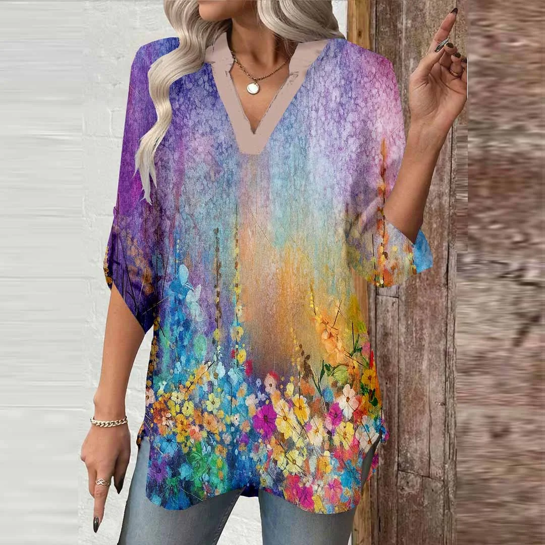 Women Floral, Purple, Red DZGA0544 3/4 Sleeve V-neck Printed Graphic Button Tops