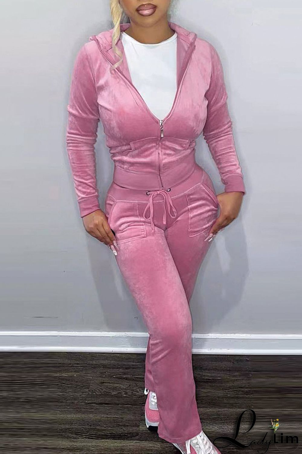 Pink Casual Solid Patchwork Hooded Collar Long Sleeve Two Pieces