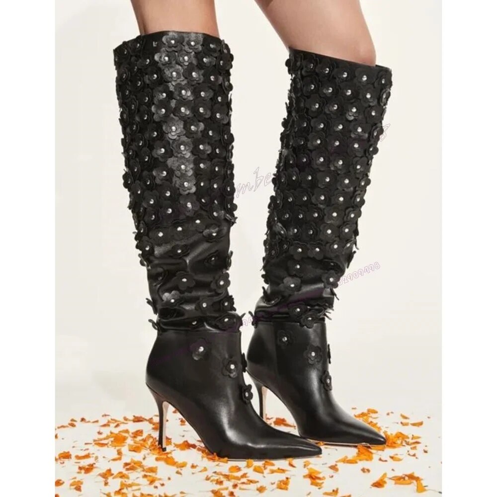 VCSHOES Flower Crystal Decor Knee High Boots Matte Leather Pointy Toe Shoes For Women Thin High Heel Shoes Zapatos Para Mujere