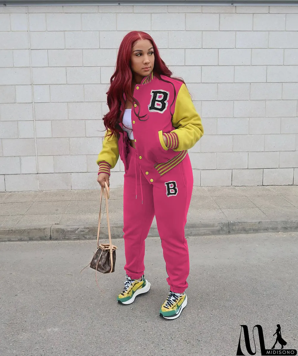 MidiSono - Women Letter Baseball Jacket and Pant Two-Piece Set