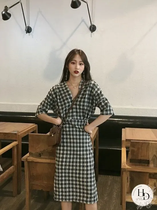 Checked linen cotton dress for Women