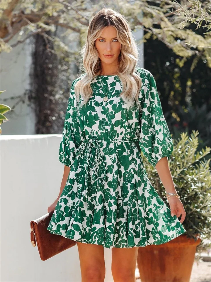 Summer New High-waisted Floral A-line Skirt Mid-sleeve Round Neck Print Waist Tie Fashion Trend Swing Dress Elegant Style