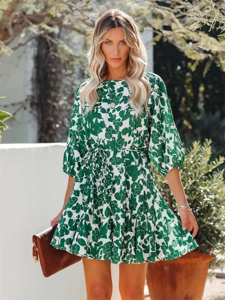 Summer New High-waisted Floral A-line Skirt Mid-sleeve Round Neck Print Waist Tie Fashion Trend Swing Dress Elegant Style-Cosfine