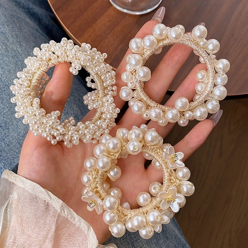 Women’s Sweet Geometric Artificial Pearl Beaded Inlay Rhinestones Hair Tie