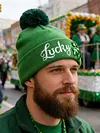 St Patricks Day Hat Sequins Lucky Pom Beanie Hats Green Knit Winter Hat for Irish-Themed Events
