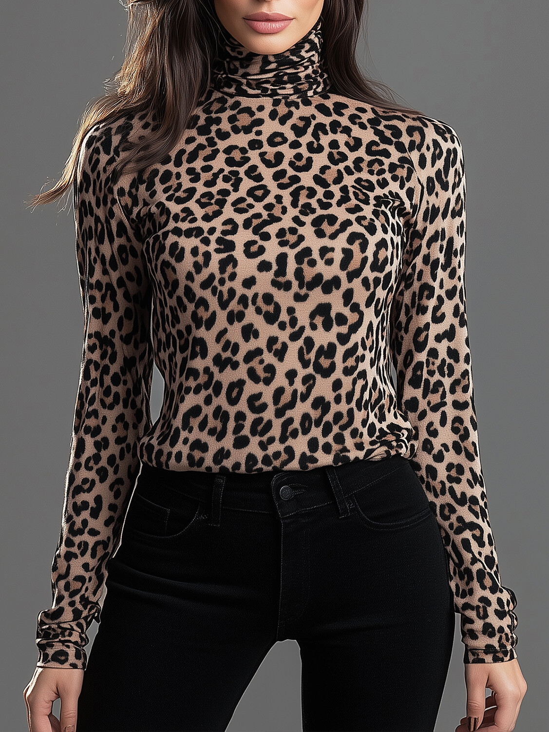 Ursime Leopard Pattern High Neck Long Sleeve Blouse