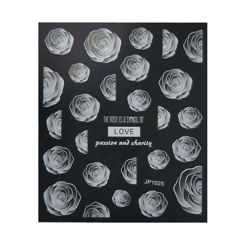 5D White Nail Sticker Rose Flower Engraved Embosse Design Transfer Decals Slider Wraps DIY Nail Art Decoration Accessories