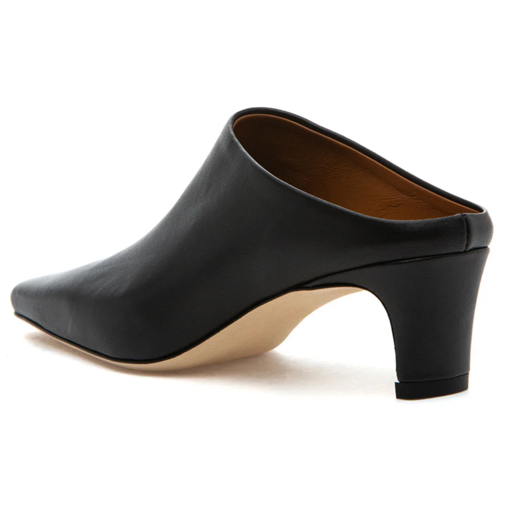 Black Vegan Leather Slip-On Square Toe Chunky Heel Womens Mules Shoes